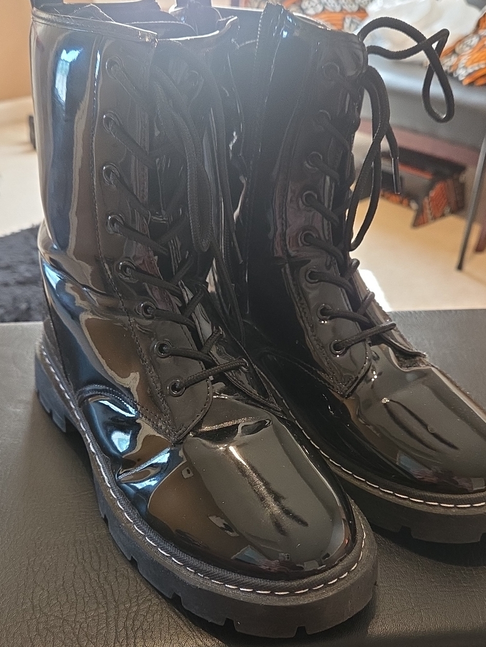 Patent Leather Lace-Up Combat Boots - Black